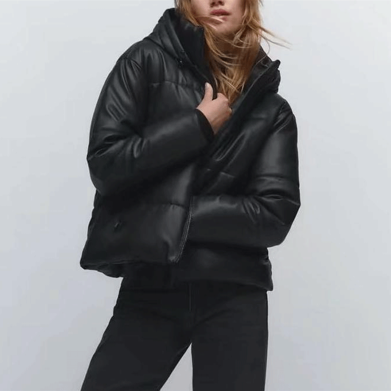 Faux Leather Black Puffer Jacket | No Effort Style